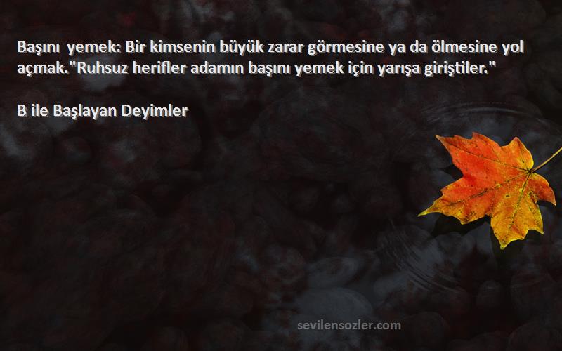 B ile Başlayan Deyimler Sözleri 
Başını yemek: Bir kimsenin büyük zarar görmesine ya da ölmesine yol açmak.Ruhsuz herifler adamın başını yemek için yarışa giriştiler.