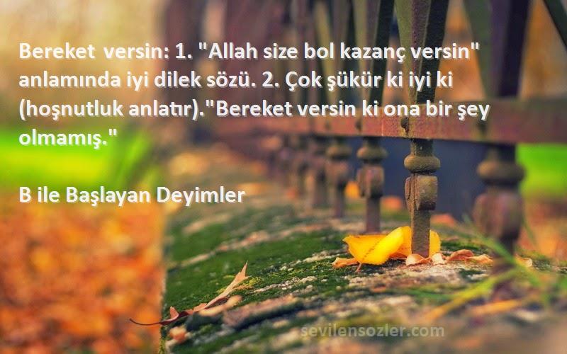 B ile Başlayan Deyimler Sözleri 
Bereket versin: 1. Allah size bol kazanç versin anlamında iyi dilek sözü. 2. Çok şükür ki iyi ki (hoşnutluk anlatır).Bereket versin ki ona bir şey olmamış.