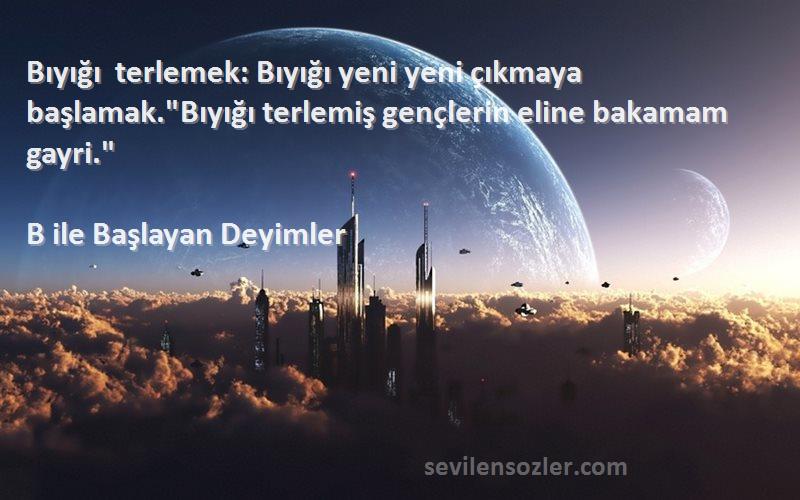 B ile Başlayan Deyimler - Bıyığı terlemek: Bıyığı yeni yeni çıkmaya başlamak.Bıyığı terlemiş gençlerin eline bakamam gayri.