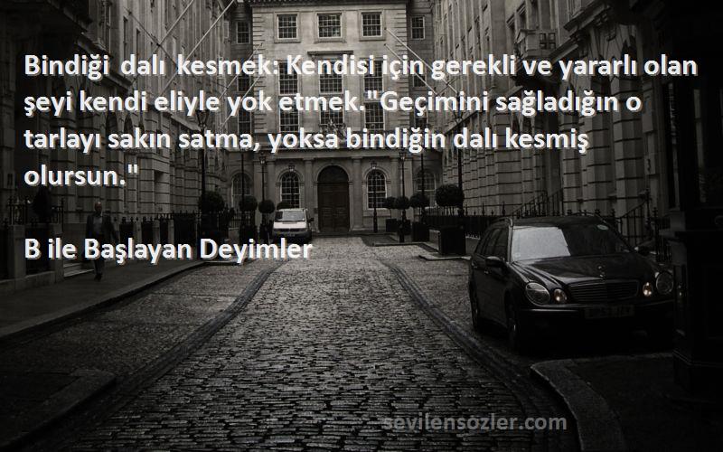 B ile Başlayan Deyimler Sözleri 
Bindiği dalı kesmek: Kendisi için gerekli ve yararlı olan şeyi kendi eliyle yok etmek.Geçimini sağladığın o tarlayı sakın satma, yoksa bindiğin dalı kesmiş olursun.