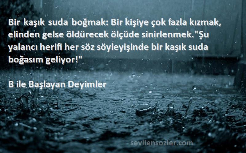 B ile Başlayan Deyimler Sözleri 
Bir kaşık suda boğmak: Bir kişiye çok fazla kızmak, elinden gelse öldürecek ölçüde sinirlenmek.Şu yalancı herifi her söz söyleyişinde bir kaşık suda boğasım geliyor!