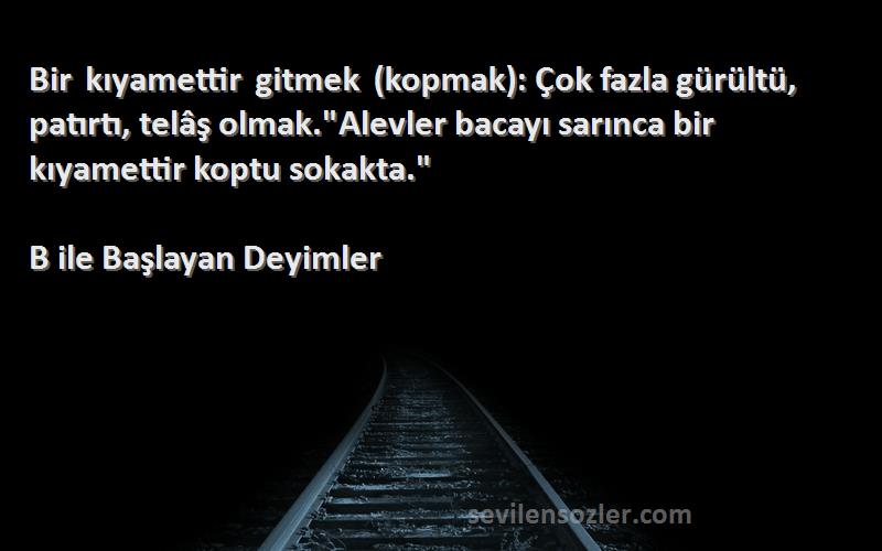 B ile Başlayan Deyimler Sözleri 
Bir kıyamettir gitmek (kopmak): Çok fazla gürültü, patırtı, telâş olmak.Alevler bacayı sarınca bir kıyamettir koptu sokakta.