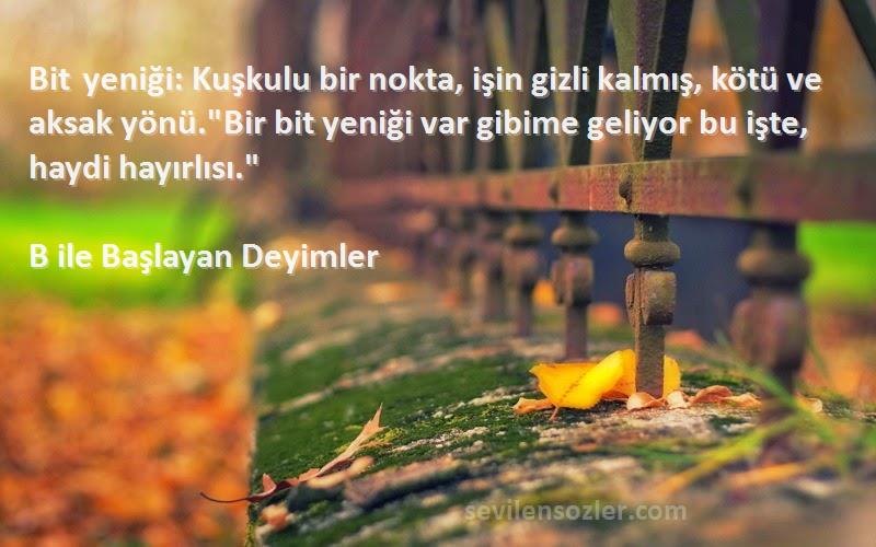 B ile Başlayan Deyimler Sözleri 
Bit yeniği: Kuşkulu bir nokta, işin gizli kalmış, kötü ve aksak yönü.Bir bit yeniği var gibime geliyor bu işte, haydi hayırlısı.