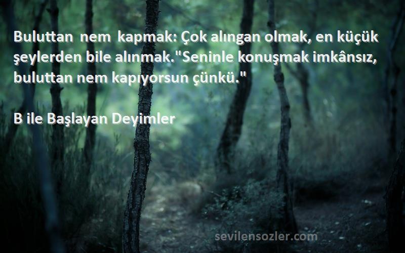 B ile Başlayan Deyimler Sözleri 
Buluttan nem kapmak: Çok alıngan olmak, en küçük şeylerden bile alınmak.Seninle konuşmak imkânsız, buluttan nem kapıyorsun çünkü.