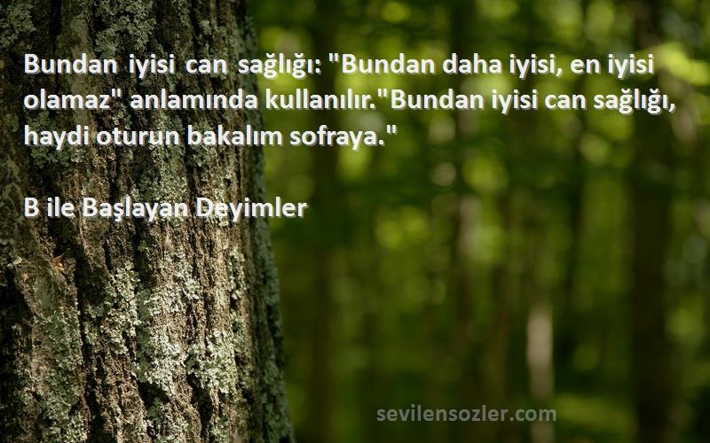 B ile Başlayan Deyimler Sözleri 
Bundan iyisi can sağlığı: Bundan daha iyisi, en iyisi olamaz anlamında kullanılır.Bundan iyisi can sağlığı, haydi oturun bakalım sofraya.