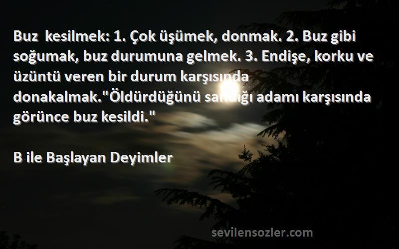 B ile Başlayan Deyimler Sözleri 
Buz kesilmek: 1. Çok üşümek, donmak. 2. Buz gibi soğumak, buz durumuna gelmek. 3. Endişe, korku ve üzüntü veren bir durum karşısında donakalmak.Öldürdüğünü sandığı adamı karşısında görünce buz kesildi.