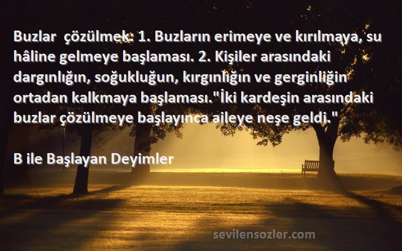 B ile Başlayan Deyimler Sözleri 
Buzlar çözülmek: 1. Buzların erimeye ve kırılmaya, su hâline gelmeye başlaması. 2. Kişiler arasındaki dargınlığın, soğukluğun, kırgınlığın ve gerginliğin ortadan kalkmaya başlaması.İki kardeşin arasındaki buzlar çözülmeye başlayınca aileye neşe geldi.