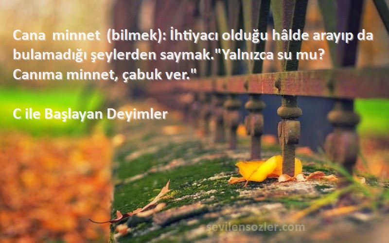 C ile Başlayan Deyimler Sözleri 
Cana minnet (bilmek): İhtiyacı olduğu hâlde arayıp da bulamadığı şeylerden saymak.Yalnızca su mu? Canıma minnet, çabuk ver.