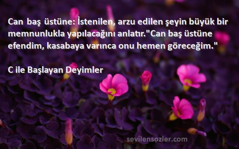 C ile Başlayan Deyimler Sözleri 
Can baş üstüne: İstenilen, arzu edilen şeyin büyük bir memnunlukla yapılacağını anlatır.Can baş üstüne efendim, kasabaya varınca onu hemen göreceğim.