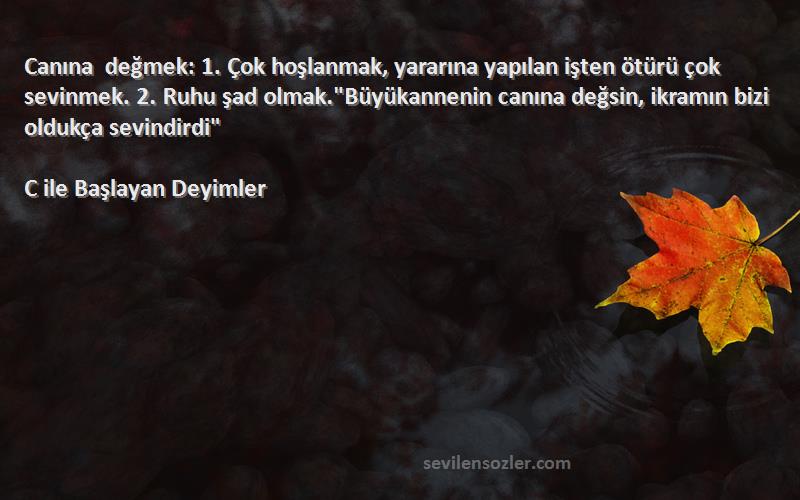 C ile Başlayan Deyimler Sözleri 
Canına değmek: 1. Çok hoşlanmak, yararına yapılan işten ötürü çok sevinmek. 2. Ruhu şad olmak.Büyükannenin canına değsin, ikramın bizi oldukça sevindirdi