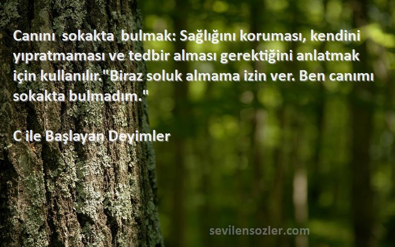 C ile Başlayan Deyimler Sözleri 
Canını sokakta bulmak: Sağlığını koruması, kendini yıpratmaması ve tedbir alması gerektiğini anlatmak için kullanılır.Biraz soluk almama izin ver. Ben canımı sokakta bulmadım.