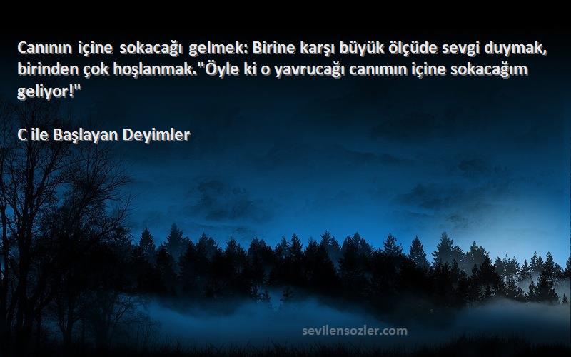 C ile Başlayan Deyimler Sözleri 
Canının içine sokacağı gelmek: Birine karşı büyük ölçüde sevgi duymak, birinden çok hoşlanmak.Öyle ki o yavrucağı canımın içine sokacağım geliyor!