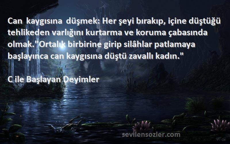 C ile Başlayan Deyimler Sözleri 
Can kaygısına düşmek: Her şeyi bırakıp, içine düştüğü tehlikeden varlığını kurtarma ve koruma çabasında olmak.Ortalık birbirine girip silâhlar patlamaya başlayınca can kaygısına düştü zavallı kadın.