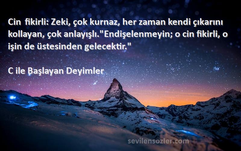 C ile Başlayan Deyimler Sözleri 
Cin fikirli: Zeki, çok kurnaz, her zaman kendi çıkarını kollayan, çok anlayışlı.Endişelenmeyin; o cin fikirli, o işin de üstesinden gelecektir.