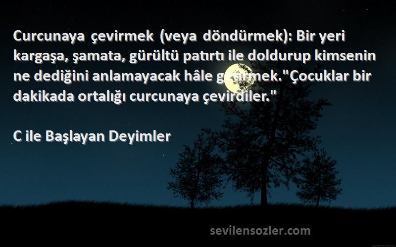 C ile Başlayan Deyimler Sözleri 
Curcunaya çevirmek (veya döndürmek): Bir yeri kargaşa, şamata, gürültü patırtı ile doldurup kimsenin ne dediğini anlamayacak hâle getirmek.Çocuklar bir dakikada ortalığı curcunaya çevirdiler.