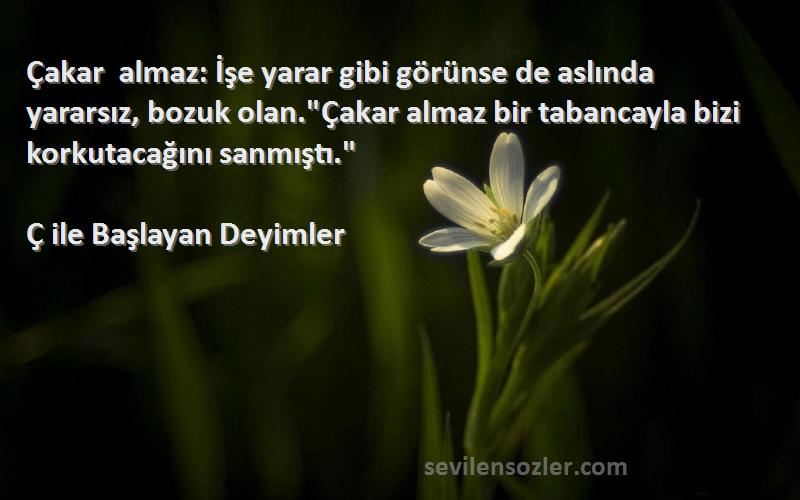 Ç ile Başlayan Deyimler Sözleri 
Çakar almaz: İşe yarar gibi görünse de aslında yararsız, bozuk olan.Çakar almaz bir tabancayla bizi korkutacağını sanmıştı.