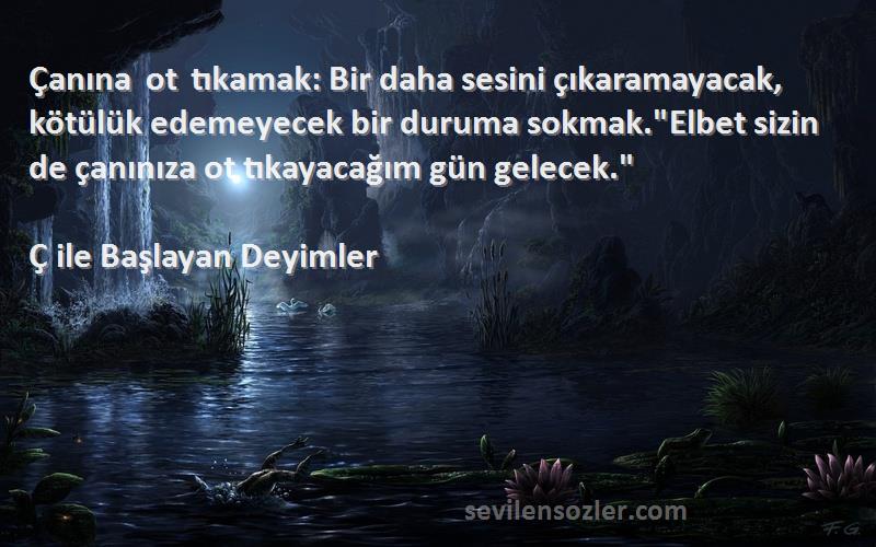 Ç ile Başlayan Deyimler Sözleri 
Çanına ot tıkamak: Bir daha sesini çıkaramayacak, kötülük edemeyecek bir duruma sokmak.Elbet sizin de çanınıza ot tıkayacağım gün gelecek.