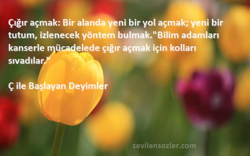 Ç ile Başlayan Deyimler Sözleri 
Çığır açmak: Bir alanda yeni bir yol açmak; yeni bir tutum, izlenecek yöntem bulmak.Bilim adamları kanserle mücadelede çığır açmak için kolları sıvadılar.