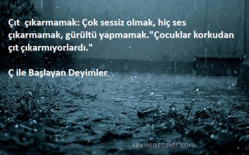 Ç ile Başlayan Deyimler Sözleri 
Çıt çıkarmamak: Çok sessiz olmak, hiç ses çıkarmamak, gürültü yapmamak.Çocuklar korkudan çıt çıkarmıyorlardı.