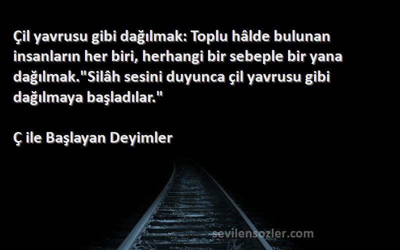 Ç ile Başlayan Deyimler Sözleri 
Çil yavrusu gibi dağılmak: Toplu hâlde bulunan insanların her biri, herhangi bir sebeple bir yana dağılmak.Silâh sesini duyunca çil yavrusu gibi dağılmaya başladılar.