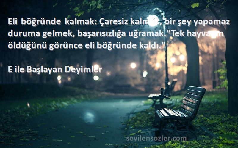 E ile Başlayan Deyimler Sözleri 
Eli böğründe kalmak: Çaresiz kalmak, bir şey yapamaz duruma gelmek, başarısızlığa uğramak.Tek hayvanın öldüğünü görünce eli böğründe kaldı.