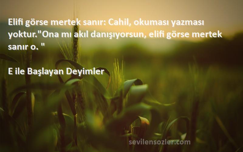 E ile Başlayan Deyimler Sözleri 
Elifi görse mertek sanır: Cahil, okuması yazması yoktur.Ona mı akıl danışıyorsun, elifi görse mertek sanır o. 