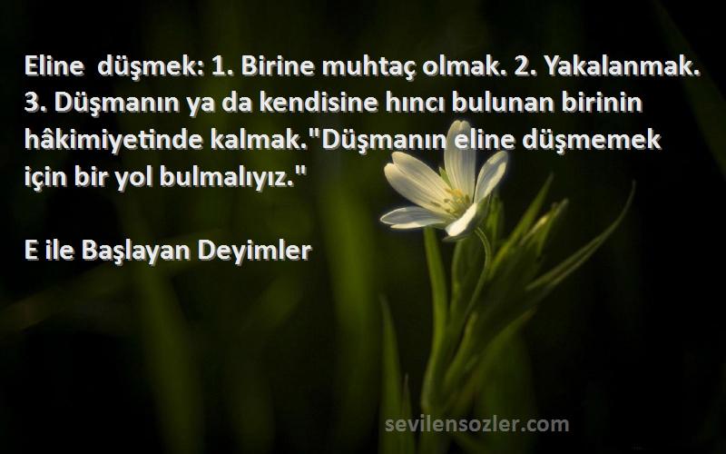 E ile Başlayan Deyimler Sözleri 
Eline düşmek: 1. Birine muhtaç olmak. 2. Yakalanmak. 3. Düşmanın ya da kendisine hıncı bulunan birinin hâkimiyetinde kalmak.Düşmanın eline düşmemek için bir yol bulmalıyız.