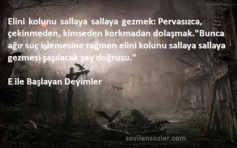 E ile Başlayan Deyimler Sözleri 
Elini kolunu sallaya sallaya gezmek: Pervasızca, çekinmeden, kimseden korkmadan dolaşmak.Bunca ağır suç işlemesine rağmen elini kolunu sallaya sallaya gezmesi şaşılacak şey doğrusu.