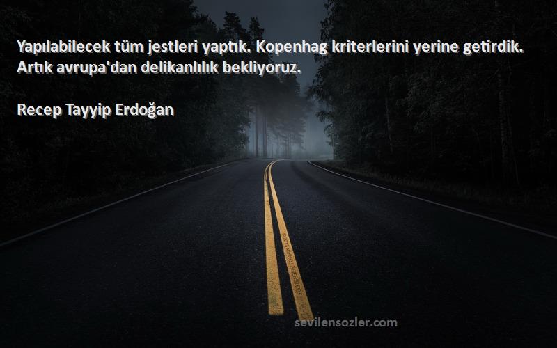 Recep Tayyip Erdoğan Sözleri 
Yapılabilecek tüm jestleri yaptık. Kopenhag kriterlerini yerine getirdik. Artık avrupa'dan delikanlılık bekliyoruz.