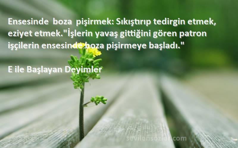 E ile Başlayan Deyimler Sözleri 
Ensesinde boza pişirmek: Sıkıştırıp tedirgin etmek, eziyet etmek.İşlerin yavaş gittiğini gören patron işçilerin ensesinde boza pişirmeye başladı.