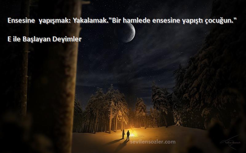 E ile Başlayan Deyimler - Ensesine yapışmak: Yakalamak.Bir hamlede ensesine yapıştı çocuğun.
