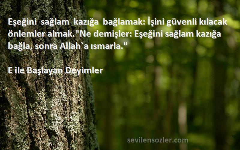 E ile Başlayan Deyimler Sözleri 
Eşeğini sağlam kazığa bağlamak: İşini güvenli kılacak önlemler almak.Ne demişler: Eşeğini sağlam kazığa bağla, sonra Allah`a ısmarla.