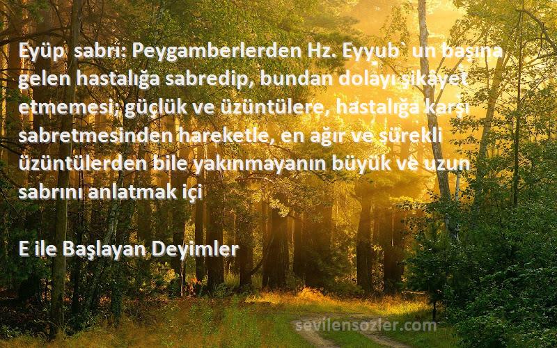 E ile Başlayan Deyimler Sözleri 
Eyüp sabrı: Peygamberlerden Hz. Eyyub` un başına gelen hastalığa sabredip, bundan dolayı şikâyet etmemesi; güçlük ve üzüntülere, hastalığa karşı sabretmesinden hareketle, en ağır ve sürekli üzüntülerden bile yakınmayanın büyük ve uzun sabrını anlatmak içi