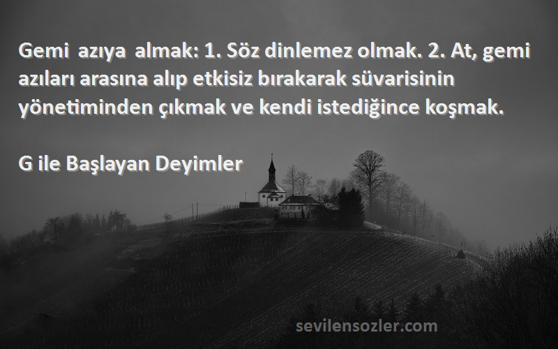 G ile Başlayan Deyimler Sözleri 
Gemi azıya almak: 1. Söz dinlemez olmak. 2. At, gemi azıları arasına alıp etkisiz bırakarak süvarisinin yönetiminden çıkmak ve kendi istediğince koşmak.