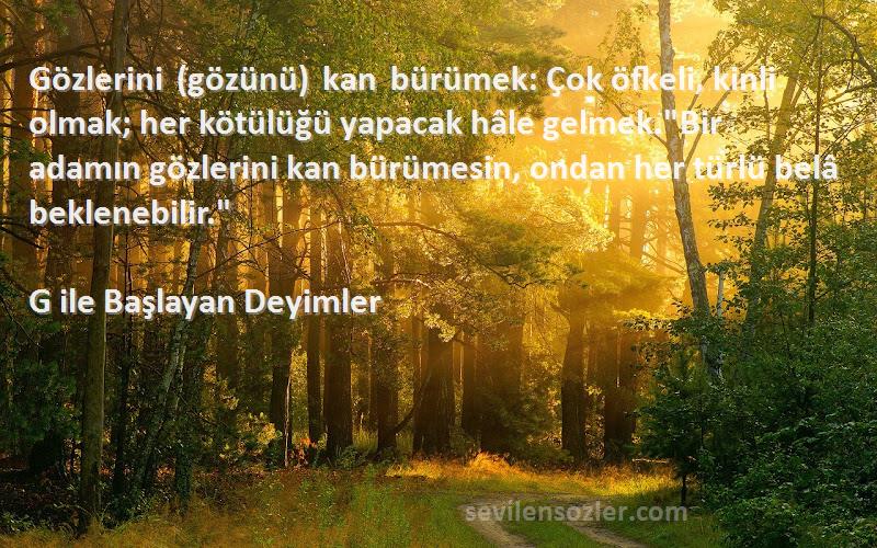 G ile Başlayan Deyimler Sözleri 
Gözlerini (gözünü) kan bürümek: Çok öfkeli, kinli olmak; her kötülüğü yapacak hâle gelmek.Bir adamın gözlerini kan bürümesin, ondan her türlü belâ beklenebilir.