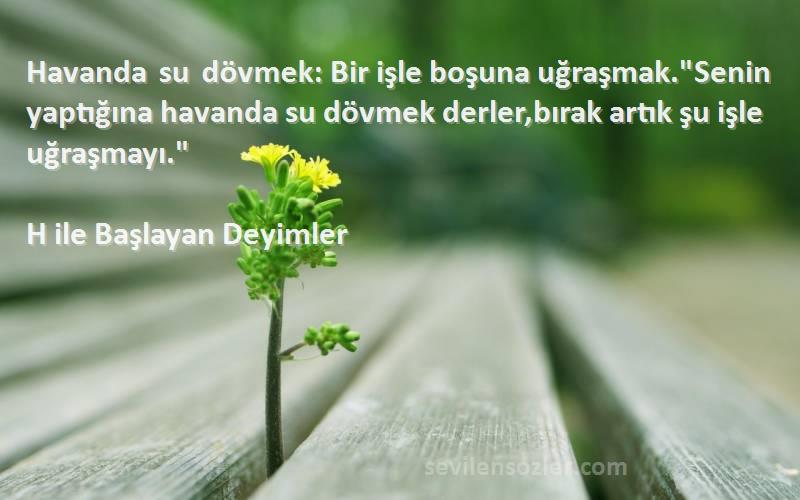 H ile Başlayan Deyimler - Havanda su dövmek: Bir işle boşuna uğraşmak.Senin yaptığına havanda su dövmek derler,bırak artık şu...