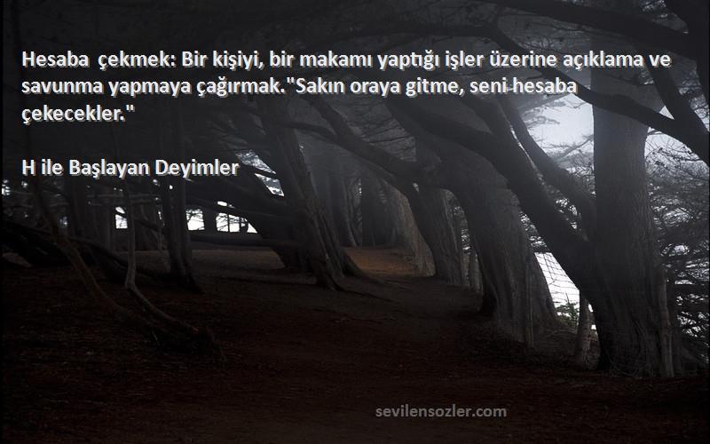 H ile Başlayan Deyimler Sözleri 
Hesaba çekmek: Bir kişiyi, bir makamı yaptığı işler üzerine açıklama ve savunma yapmaya çağırmak.Sakın oraya gitme, seni hesaba çekecekler.
