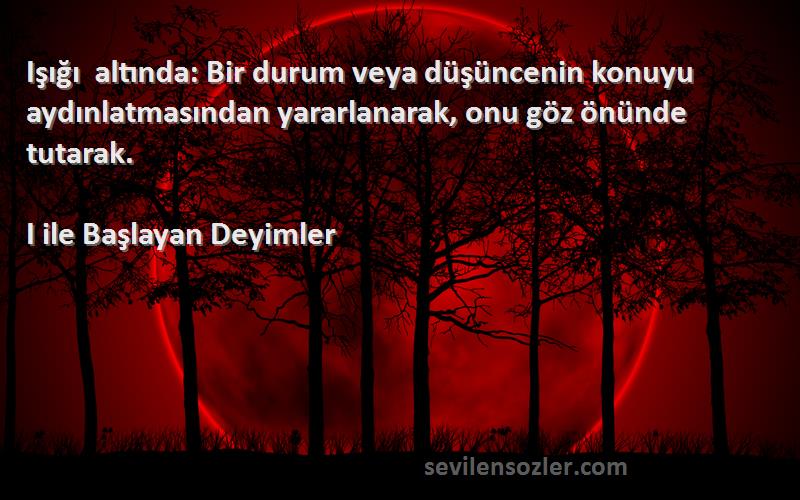 I ile Başlayan Deyimler Sözleri 
Işığı altında: Bir durum veya düşüncenin konuyu aydınlatmasından yararlanarak, onu göz önünde tutarak.