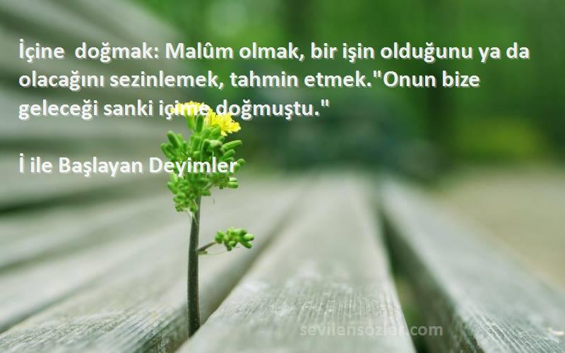 İ ile Başlayan Deyimler Sözleri 
İçine doğmak: Malûm olmak, bir işin olduğunu ya da olacağını sezinlemek, tahmin etmek.Onun bize geleceği sanki içime doğmuştu.