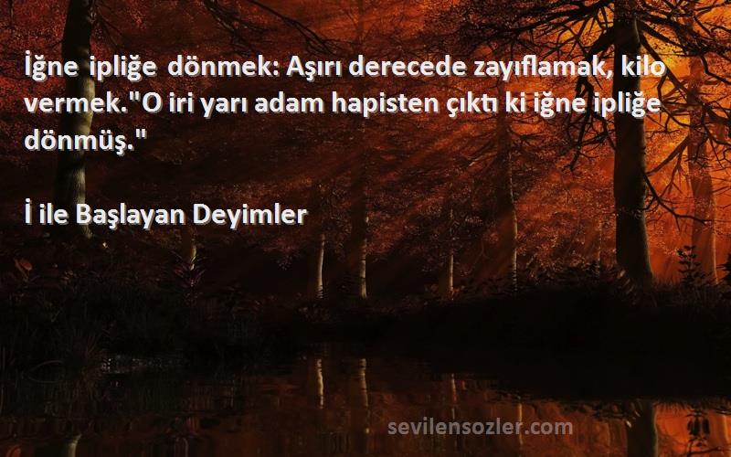 İ ile Başlayan Deyimler Sözleri 
İğne ipliğe dönmek: Aşırı derecede zayıflamak, kilo vermek.O iri yarı adam hapisten çıktı ki iğne ipliğe dönmüş.