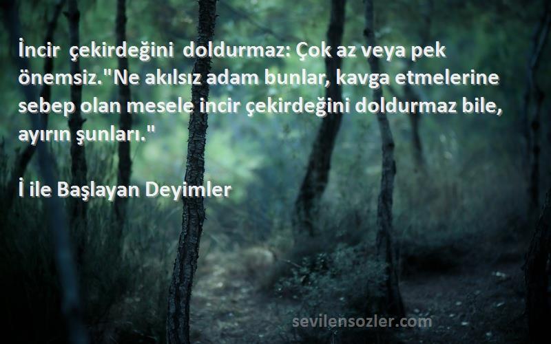 İ ile Başlayan Deyimler Sözleri 
İncir çekirdeğini doldurmaz: Çok az veya pek önemsiz.Ne akılsız adam bunlar, kavga etmelerine sebep olan mesele incir çekirdeğini doldurmaz bile, ayırın şunları.