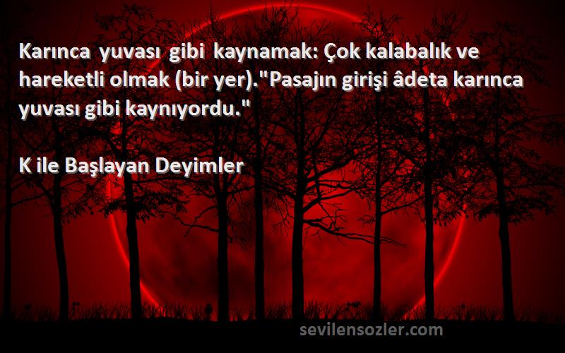 K ile Başlayan Deyimler Sözleri 
Karınca yuvası gibi kaynamak: Çok kalabalık ve hareketli olmak (bir yer).Pasajın girişi âdeta karınca yuvası gibi kaynıyordu.