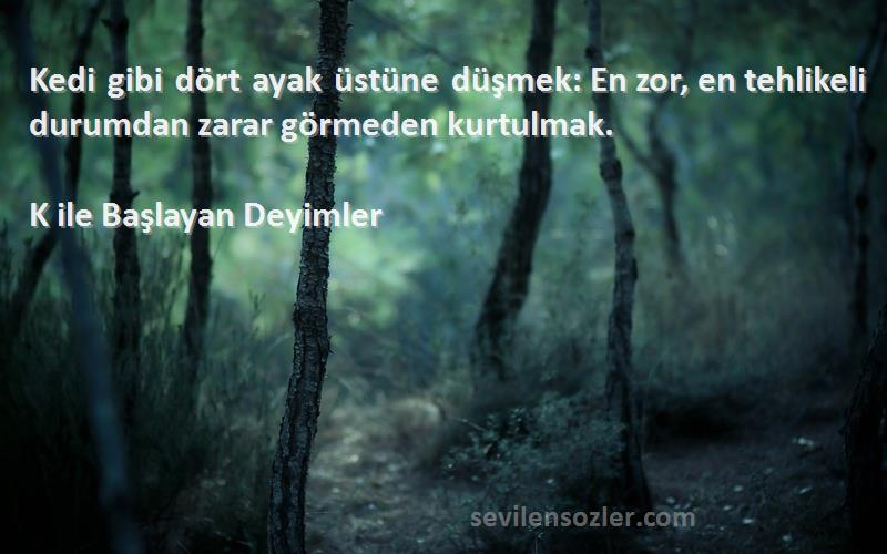 K ile Başlayan Deyimler Sözleri 
Kedi gibi dört ayak üstüne düşmek: En zor, en tehlikeli durumdan zarar görmeden kurtulmak.