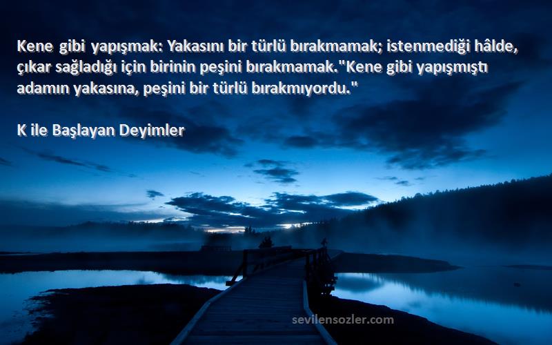 K ile Başlayan Deyimler Sözleri 
Kene gibi yapışmak: Yakasını bir türlü bırakmamak; istenmediği hâlde, çıkar sağladığı için birinin peşini bırakmamak.Kene gibi yapışmıştı adamın yakasına, peşini bir türlü bırakmıyordu.