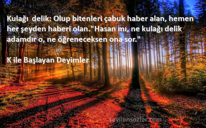 K ile Başlayan Deyimler Sözleri 
Kulağı delik: Olup bitenleri çabuk haber alan, hemen her şeyden haberi olan.Hasan mı, ne kulağı delik adamdır o, ne öğreneceksen ona sor.