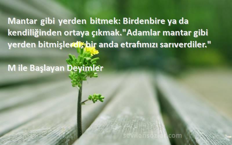 M ile Başlayan Deyimler Sözleri 
Mantar gibi yerden bitmek: Birdenbire ya da kendiliğinden ortaya çıkmak.Adamlar mantar gibi yerden bitmişlerdi, bir anda etrafımızı sarıverdiler.