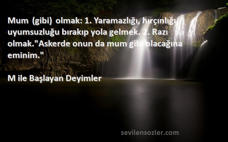 M ile Başlayan Deyimler Sözleri 
Mum (gibi) olmak: 1. Yaramazlığı, hırçınlığı, uyumsuzluğu bırakıp yola gelmek. 2. Razı olmak.Askerde onun da mum gibi olacağına eminim.