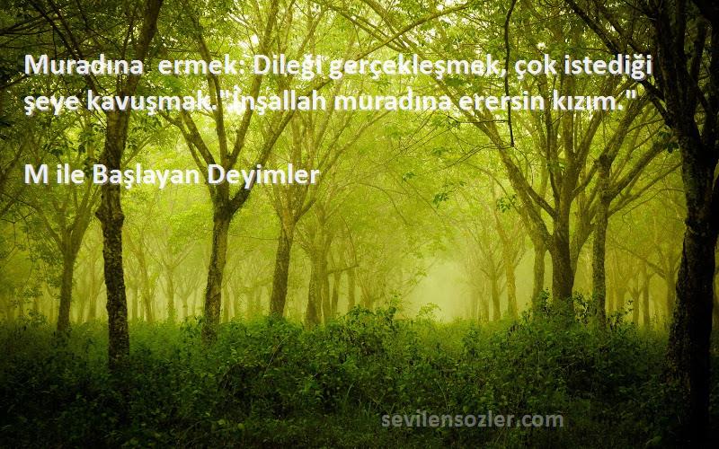 M ile Başlayan Deyimler Sözleri 
Muradına ermek: Dileği gerçekleşmek, çok istediği şeye kavuşmak.İnşallah muradına erersin kızım.