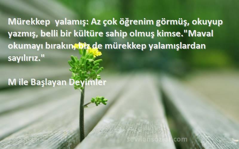 M ile Başlayan Deyimler Sözleri 
Mürekkep yalamış: Az çok öğrenim görmüş, okuyup yazmış, belli bir kültüre sahip olmuş kimse.Maval okumayı bırakın, biz de mürekkep yalamışlardan sayılırız.