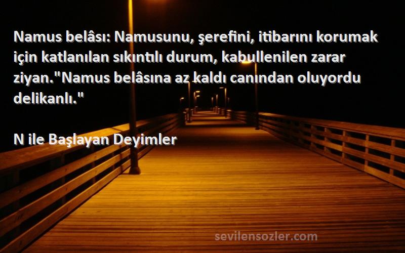 N ile Başlayan Deyimler Sözleri 
Namus belâsı: Namusunu, şerefini, itibarını korumak için katlanılan sıkıntılı durum, kabullenilen zarar ziyan.Namus belâsına az kaldı canından oluyordu delikanlı.